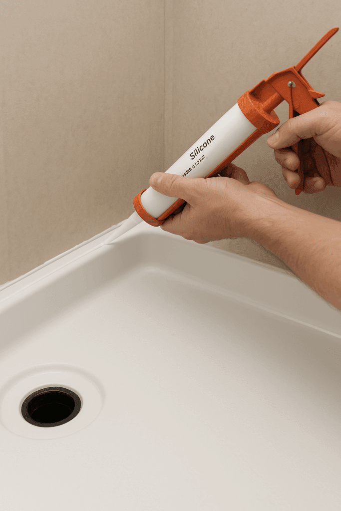Sealing the edges of a shower pan with silicone caulk
