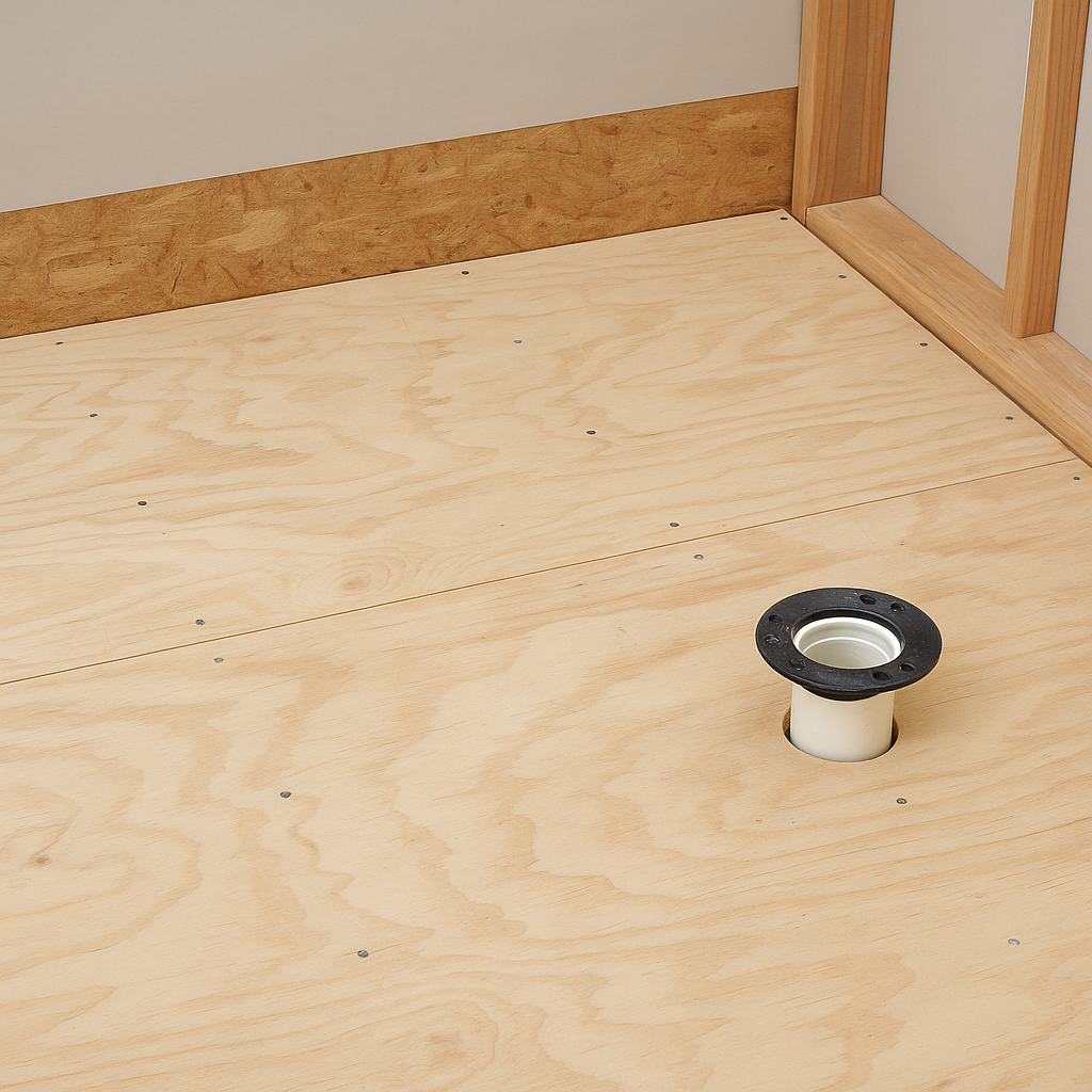 Prepared subfloor with plumbing ready for shower pan installation