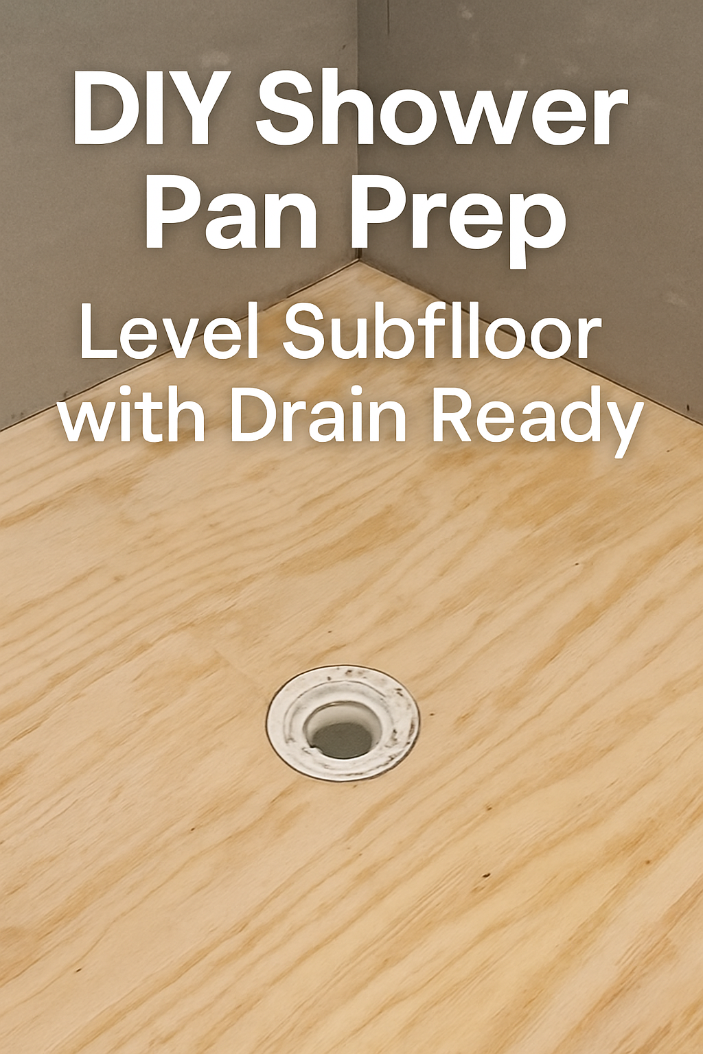 Prepared plywood subfloor with exposed drain pipe ready for shower pan installation