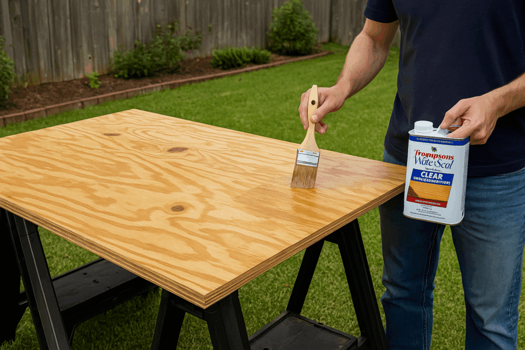 Applying waterproof sealant to CDX plywood panel for outdoor use.