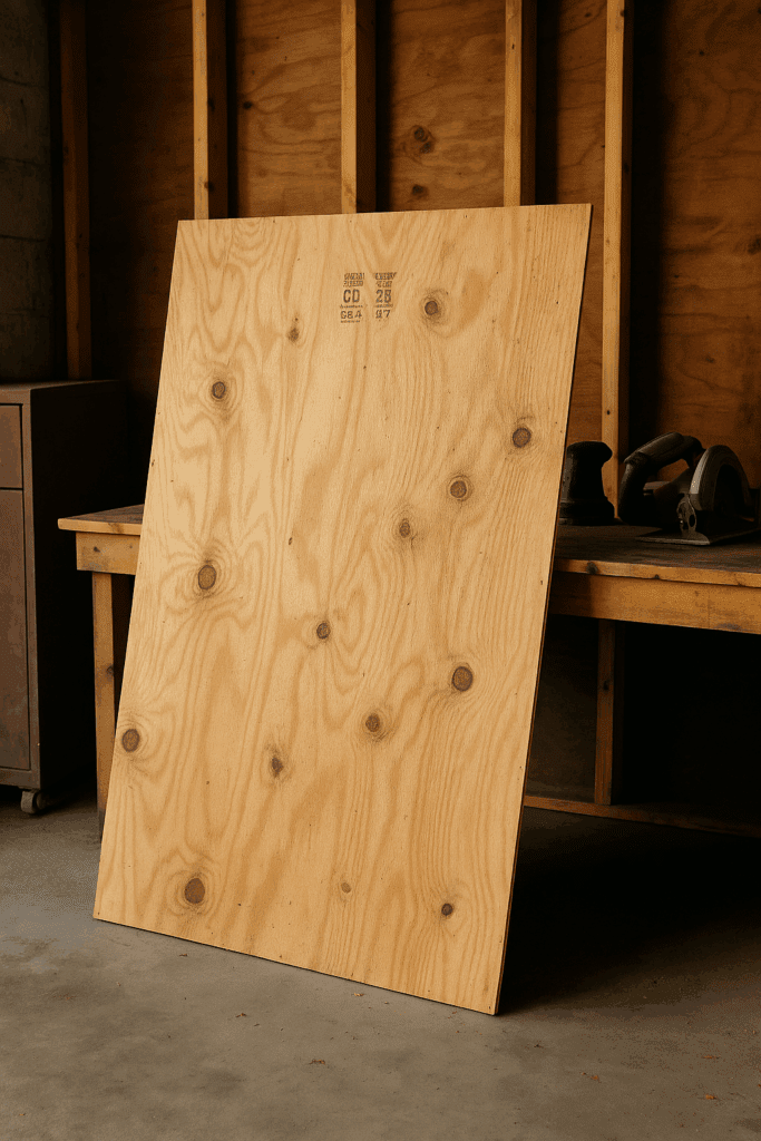 Standard 4x8-foot CDX plywood sheet leaning against a garage wall, ready for use in a construction project.