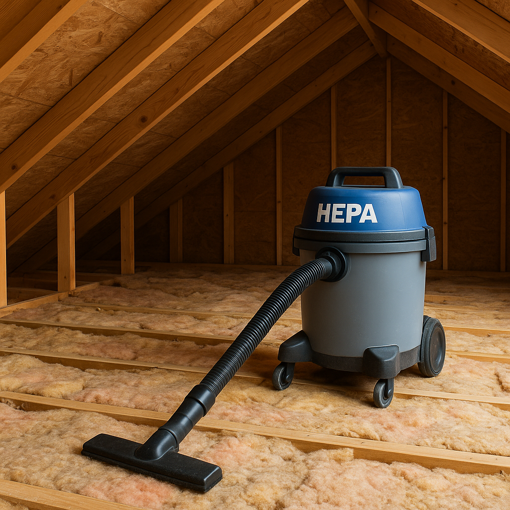 HEPA vacuum in attic ready for insulation cleanup.