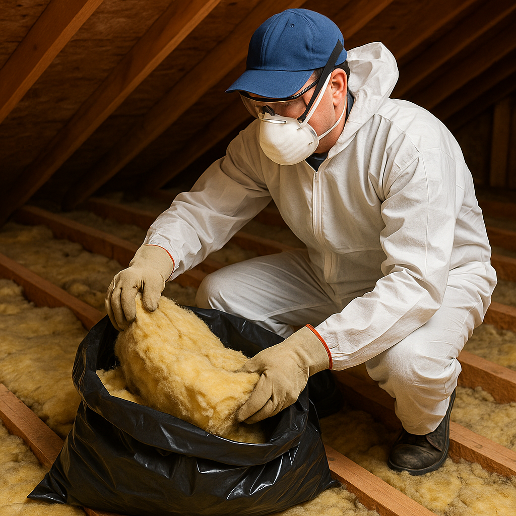  Homeowner bagging old fiberglass batts during attic insulation removal.