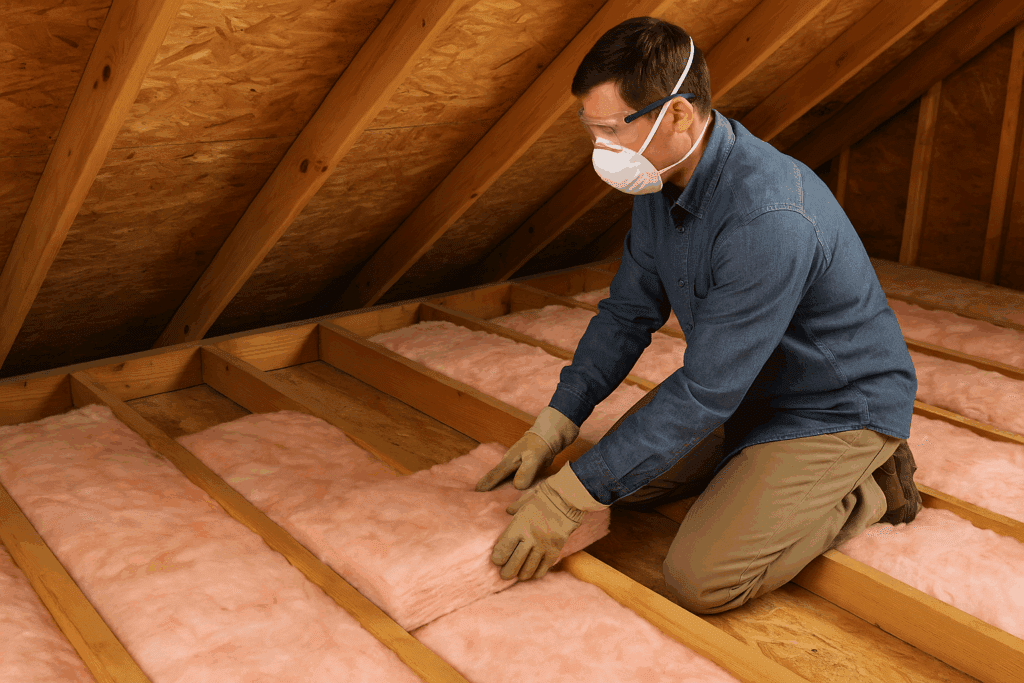 DIYer laying fiberglass batts between attic floor joists for insulation.
