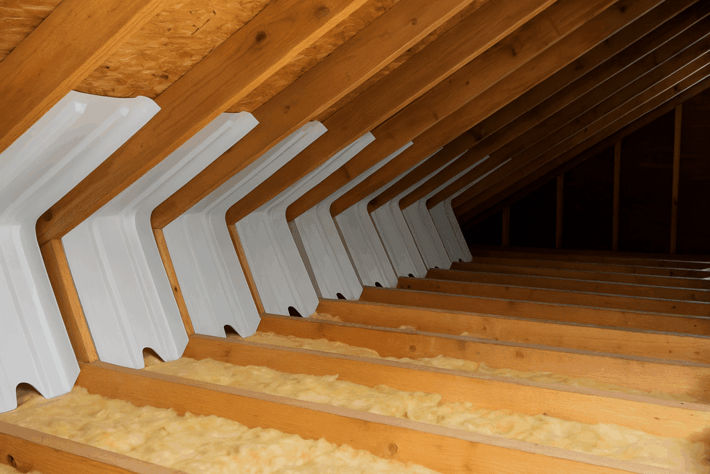 Baffles placed along the roof edge to maintain ventilation in the attic.