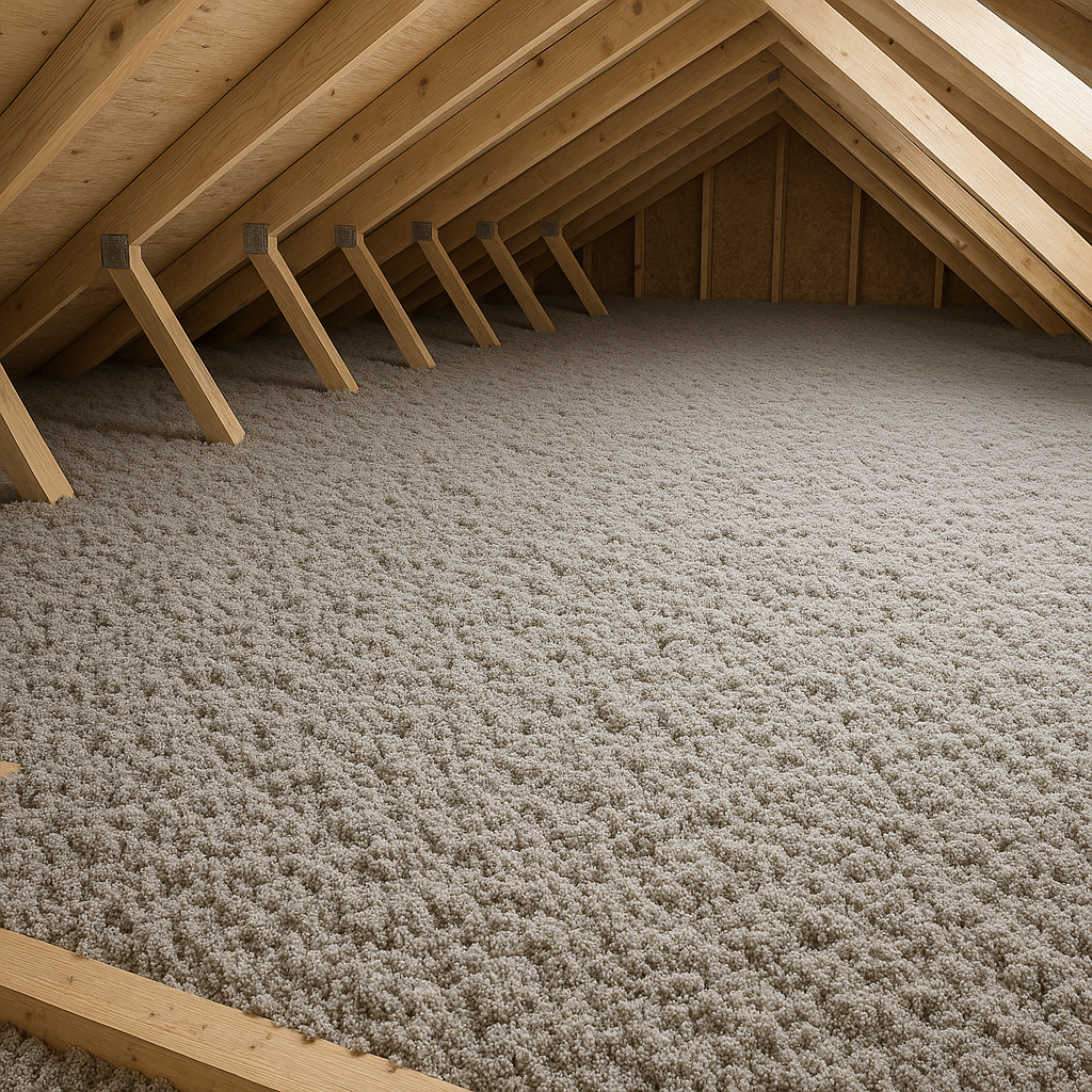  Even coverage of blown-in cellulose insulation on attic floor.