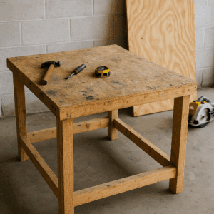 Well-used garage workbench built from CDX plywood, showing tools, paint marks, and durability in action