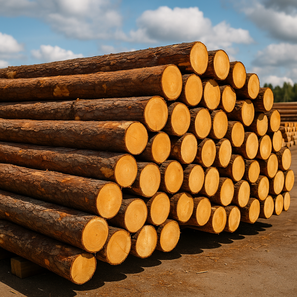 Stacked pine logs at a lumberyard used in CDX plywood manufacturing