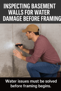DIYer kneeling on a concrete basement floor, using a flashlight to inspect the wall for water damage before framin