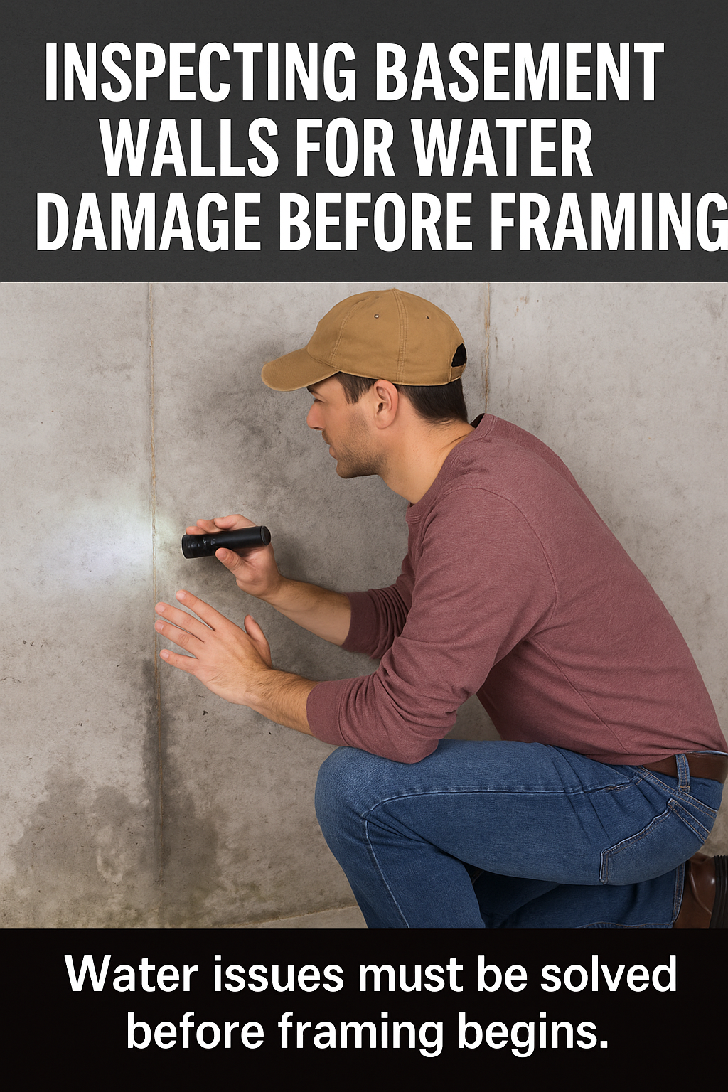 DIYer kneeling on a concrete basement floor, using a flashlight to inspect the wall for water damage before framin