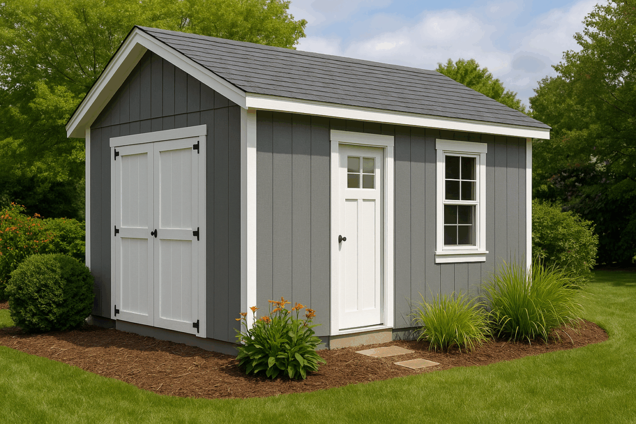 Garden shed finished with painted T1-11 siding and white trim