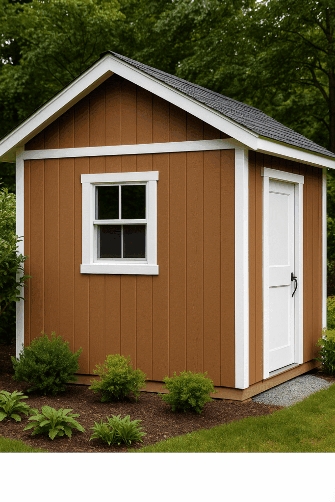 Freshly installed T1-11 siding on a garden shed
