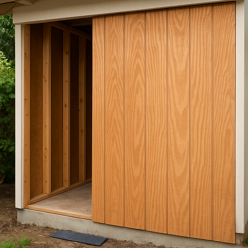 Close-up of plywood T1-11 siding showing textured wood grain