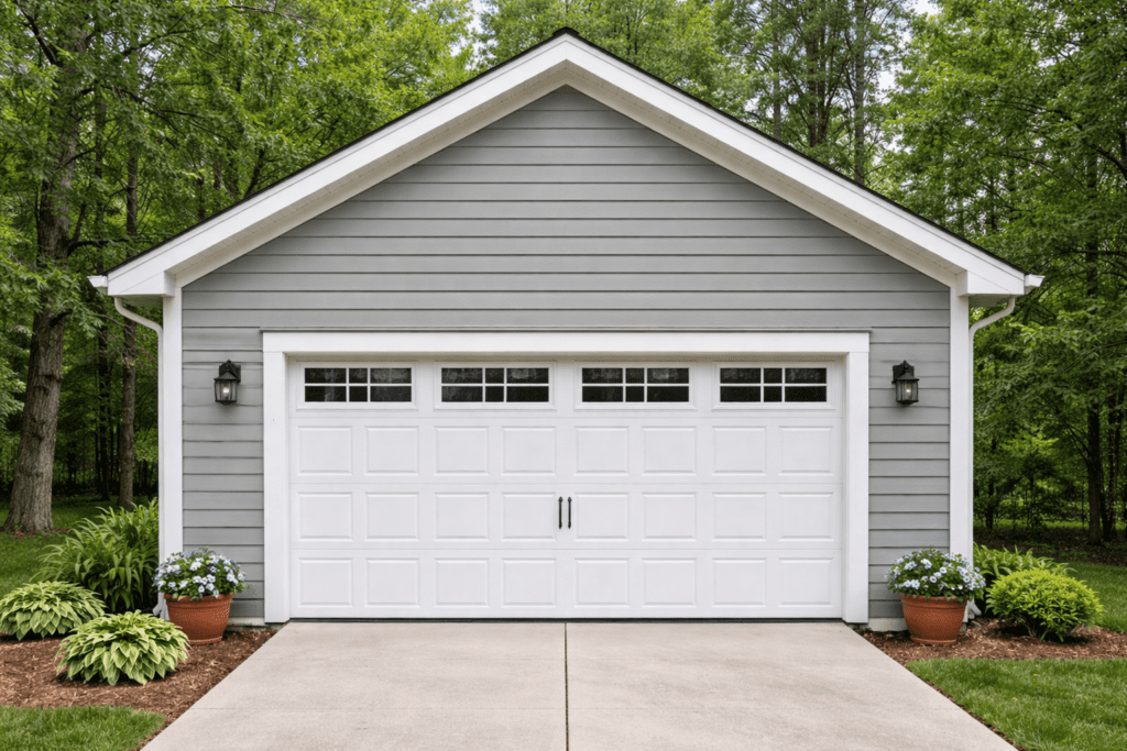 Finished DIY lap siding project on a detached garage, showing straight horizontal boards, clean trim, and a polished exterior look