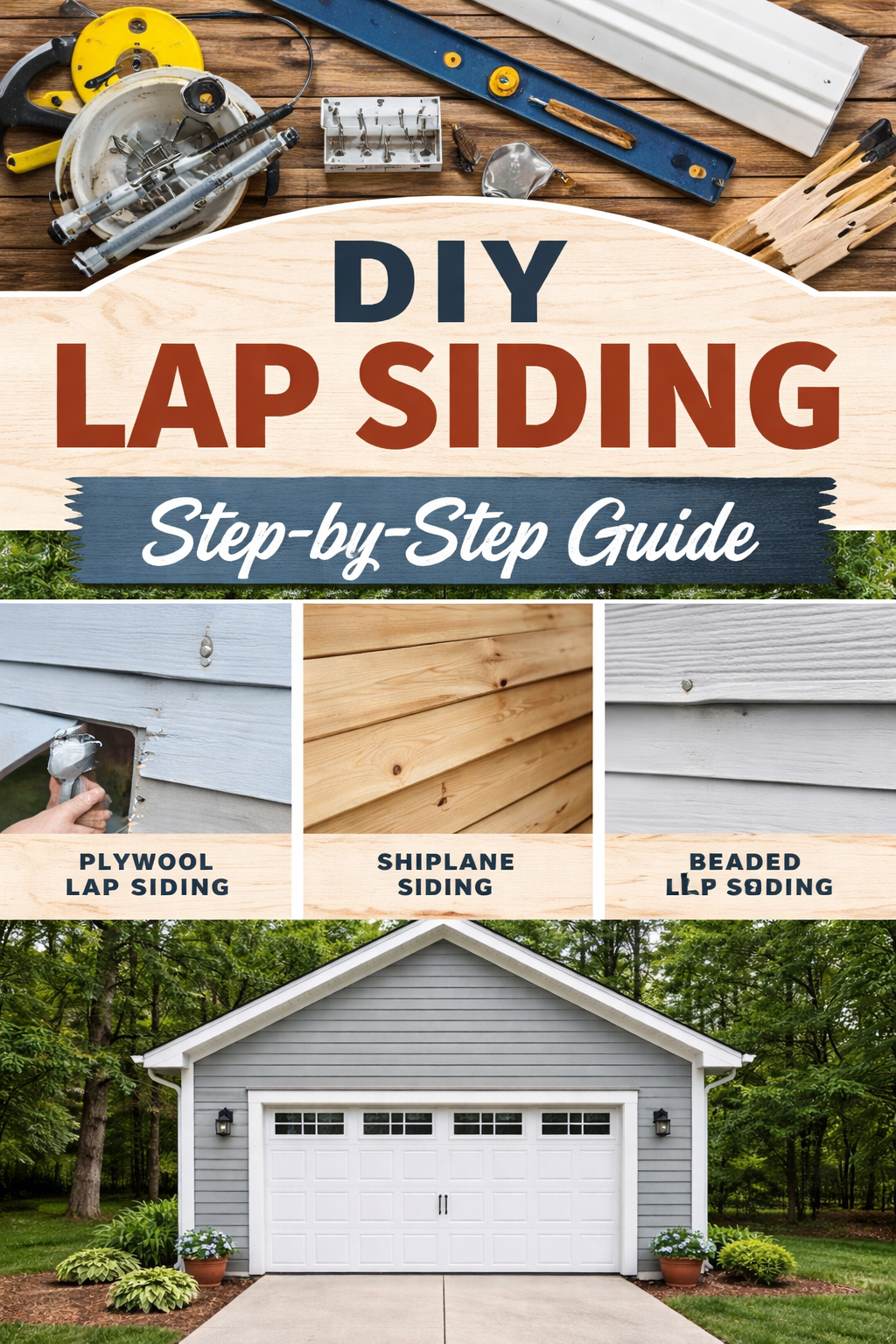 DIY lap siding project showing tools, plywood, shiplap, beaded siding, and a finished garage exterior