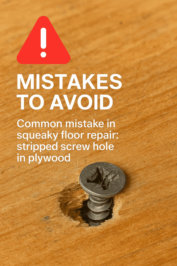 Common mistake in squeaky floor repair: stripped screw hole in plywood.