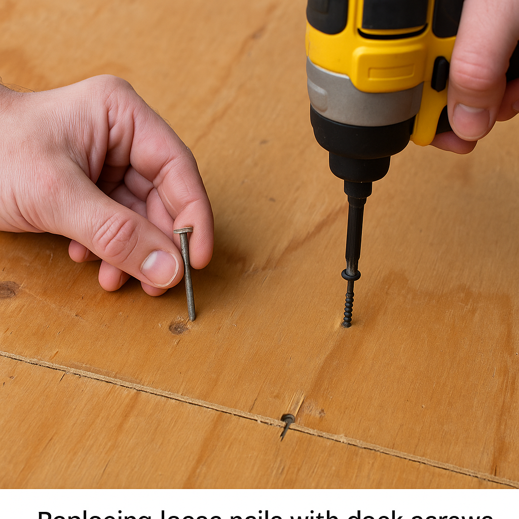 Replacing loose nails with deck screws to permanently fix squeaky plywood floors