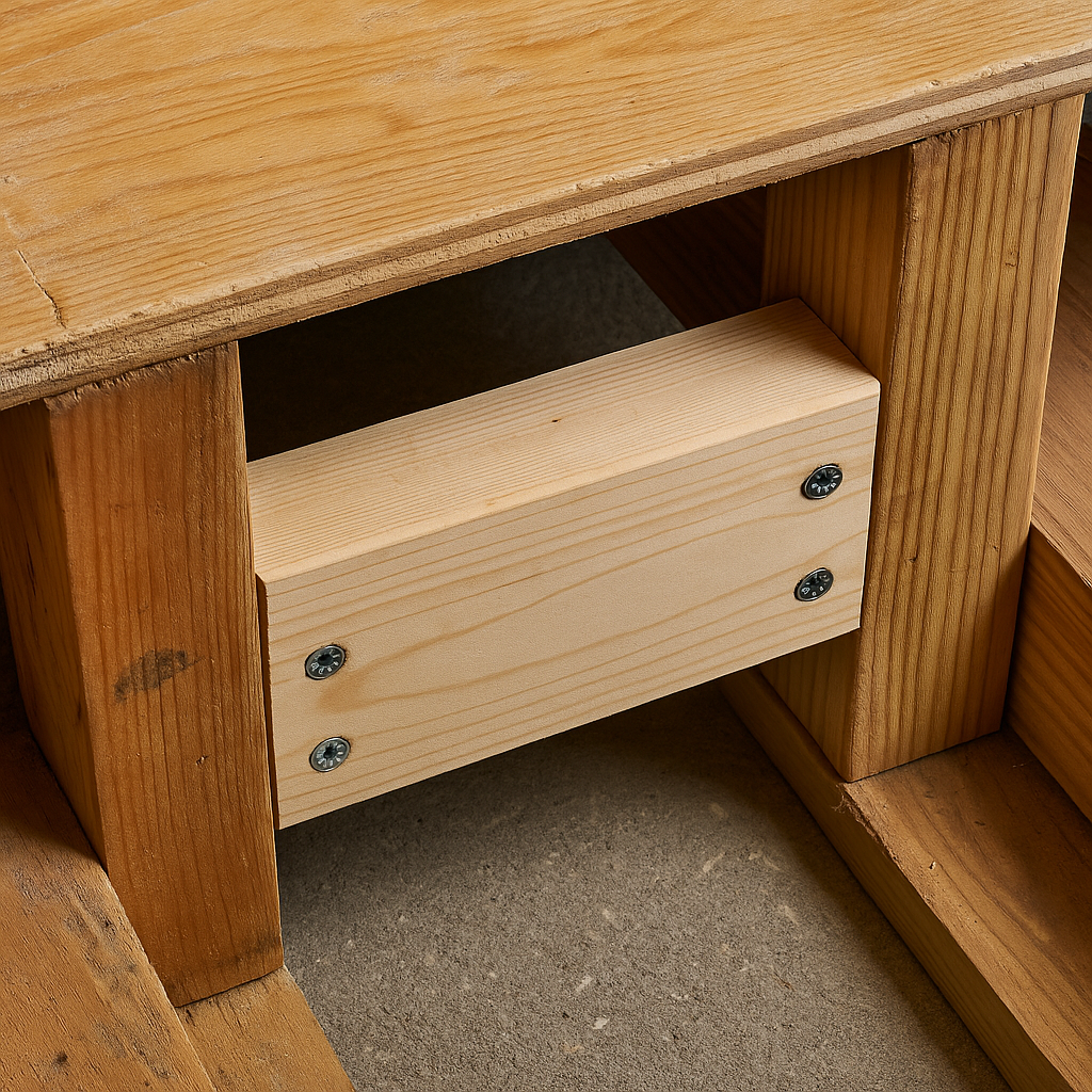Blocking installed between joists to reinforce a squeaky plywood floor