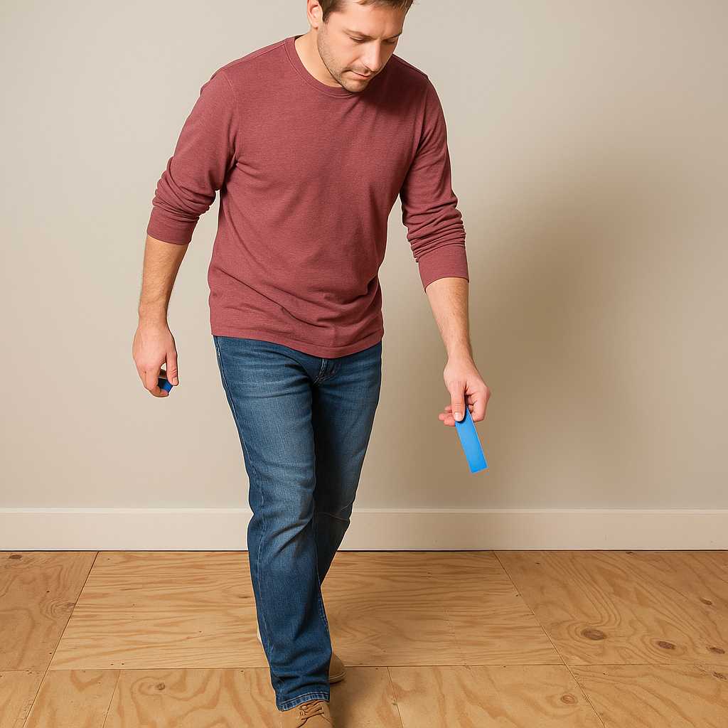 
DIYer marking a squeaky spot on plywood floor with tape while listening for creaks