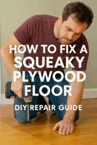 DIYer kneeling on a hardwood floor using a cordless drill to fix a squeaky plywood subfloor
