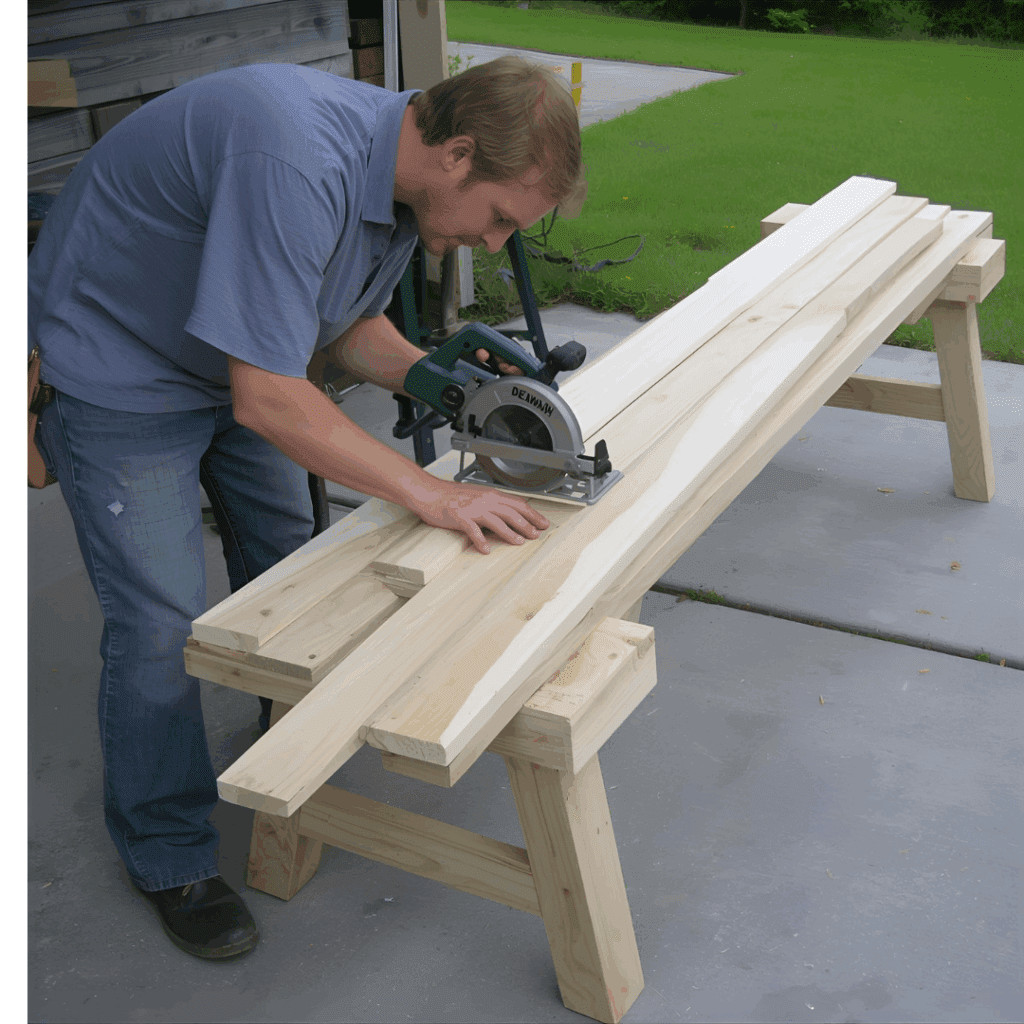 Cutting pine boards with a circular saw for a DIY farmhouse bench project.