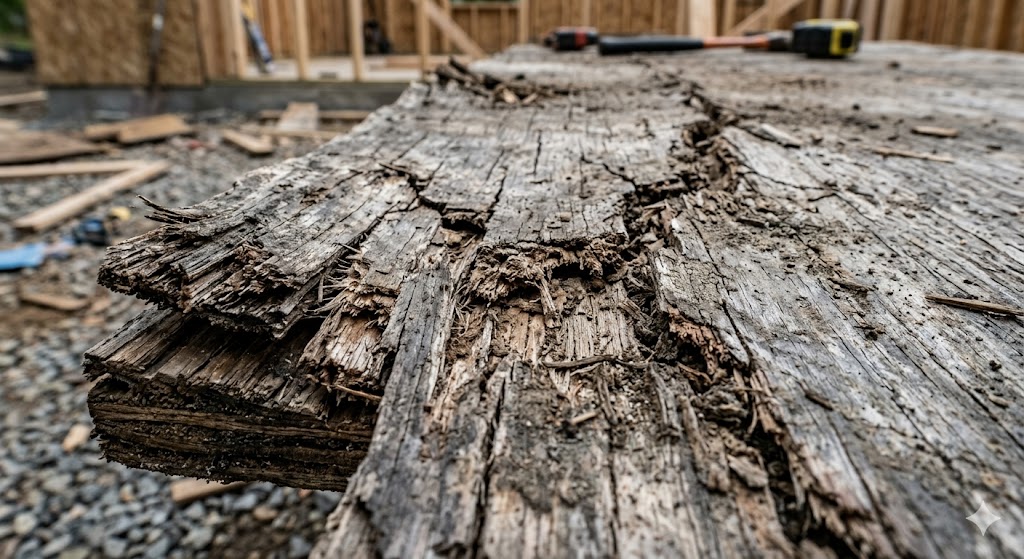 Close up of CDX plywood surface cracking and edge swelling from moisture