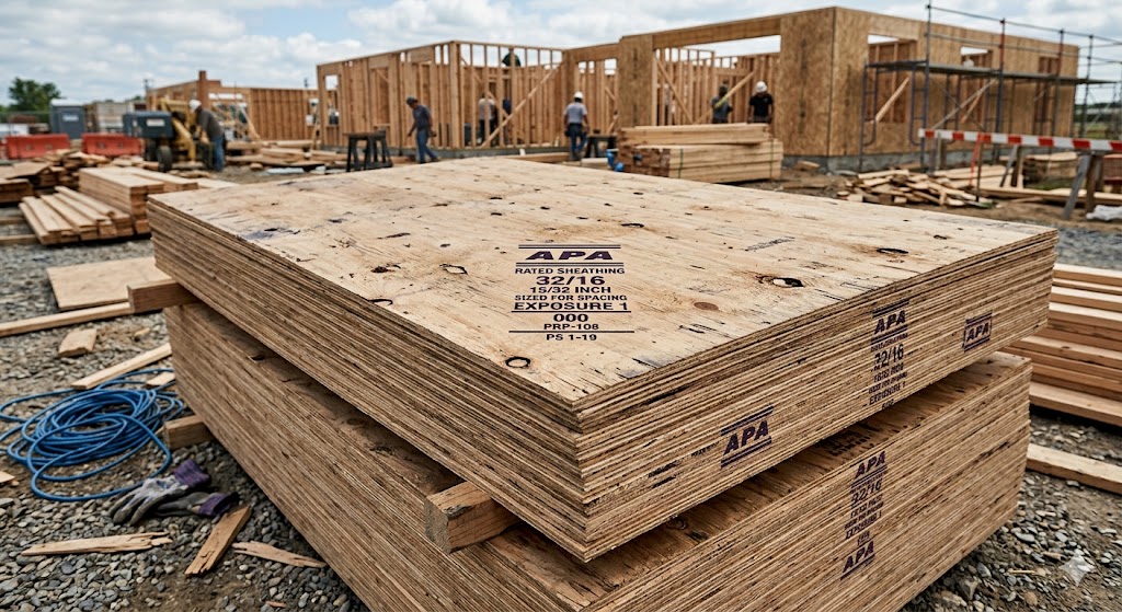 Stack of CDX plywood sheets in lumber yard with grade stamps visible