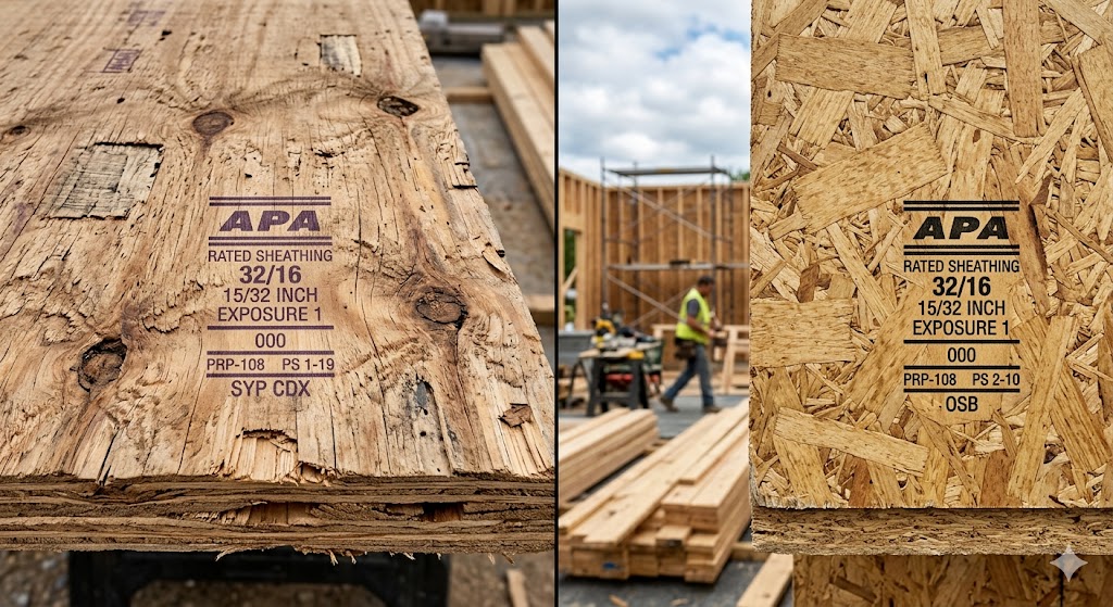 Side by side comparison of CDX plywood and OSB board texture