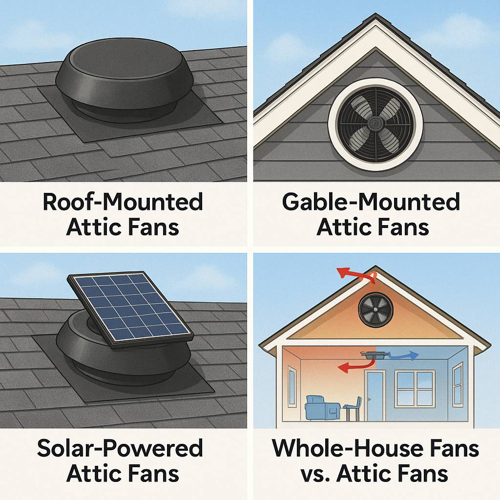 Collage showing four types of attic ventilation fans: roof-mounted, gable-mounted, solar-powered, and whole-house vs attic fan comparison.