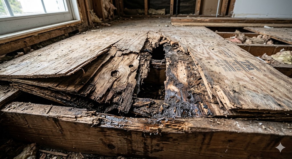 CDX plywood floor damaged from moisture and rot
