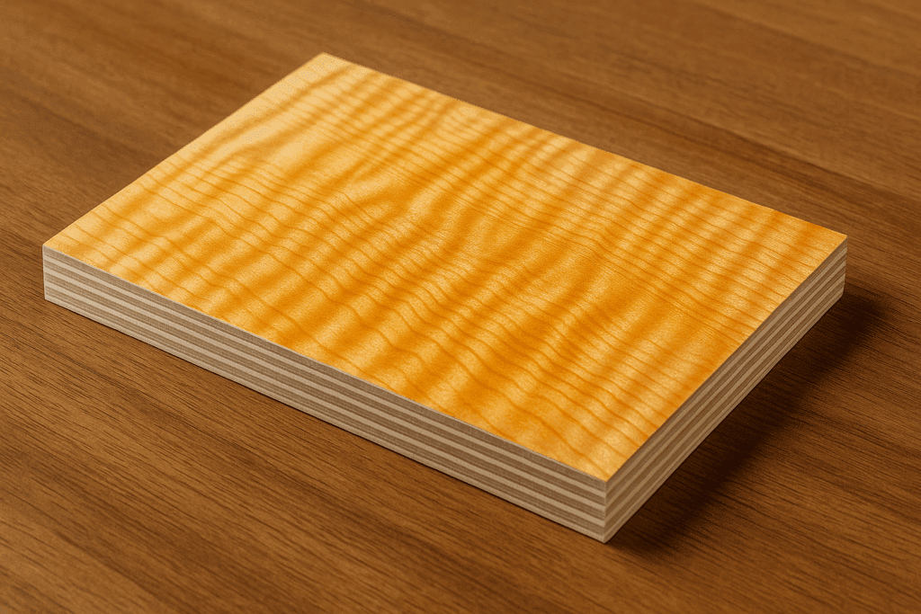 Tiger Maple veneer sheet pressed on plywood core with rippling flame figure