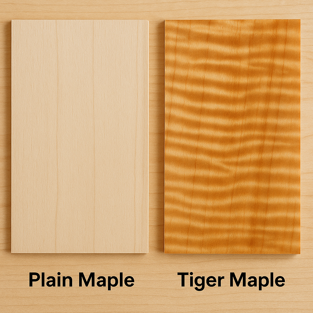 Comparison of plain maple vs Tiger Maple showing dramatic striped grain
