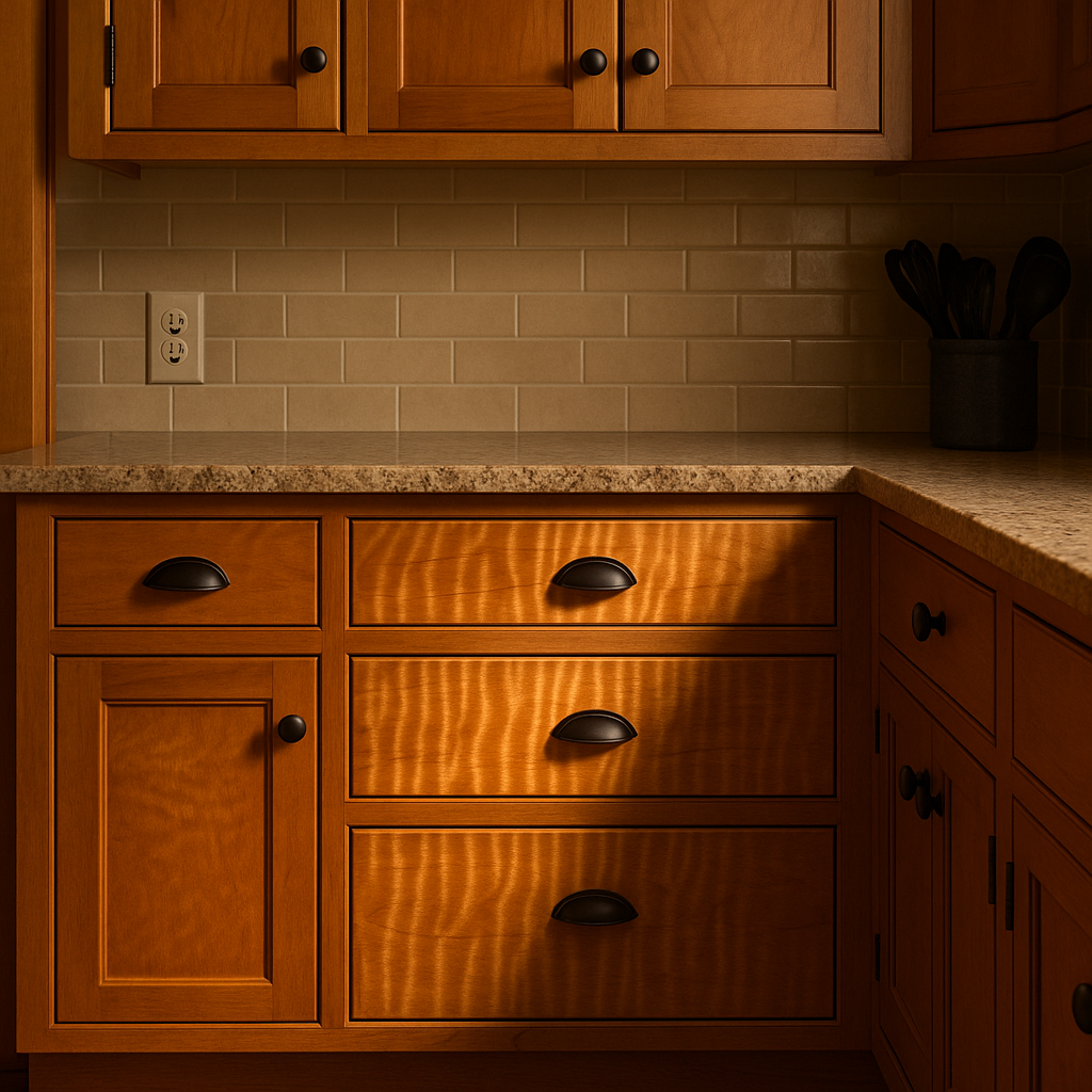 Kitchen cabinets with Tiger Maple plywood drawer fronts glowing under light