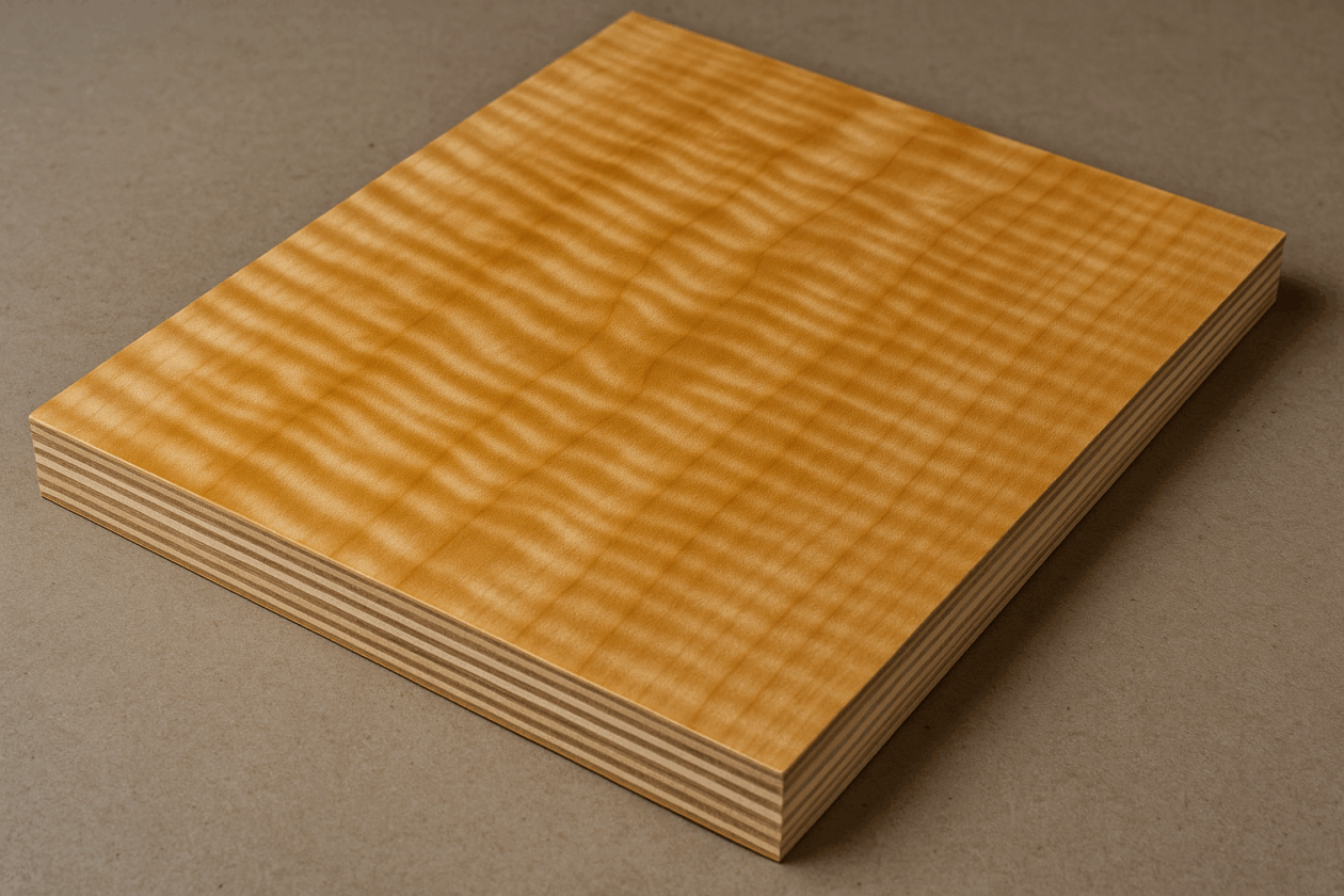 Close-up of a Tiger Maple plywood sheet showing dramatic flame-like curly grain figure