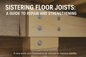 New sister joist bolted alongside an old cracked floor joist for structural repai