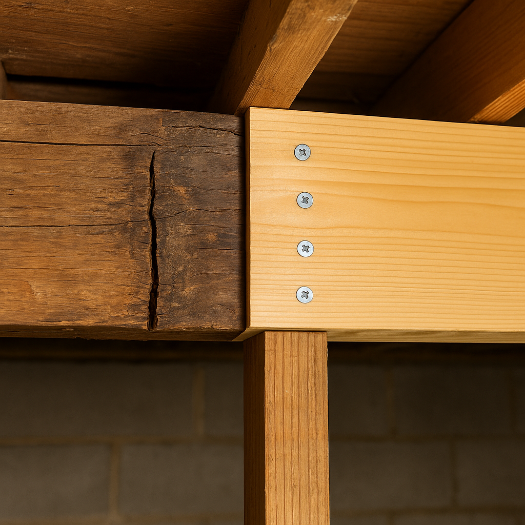 Sistering joists example with new lumber fastened next to an old damaged joist