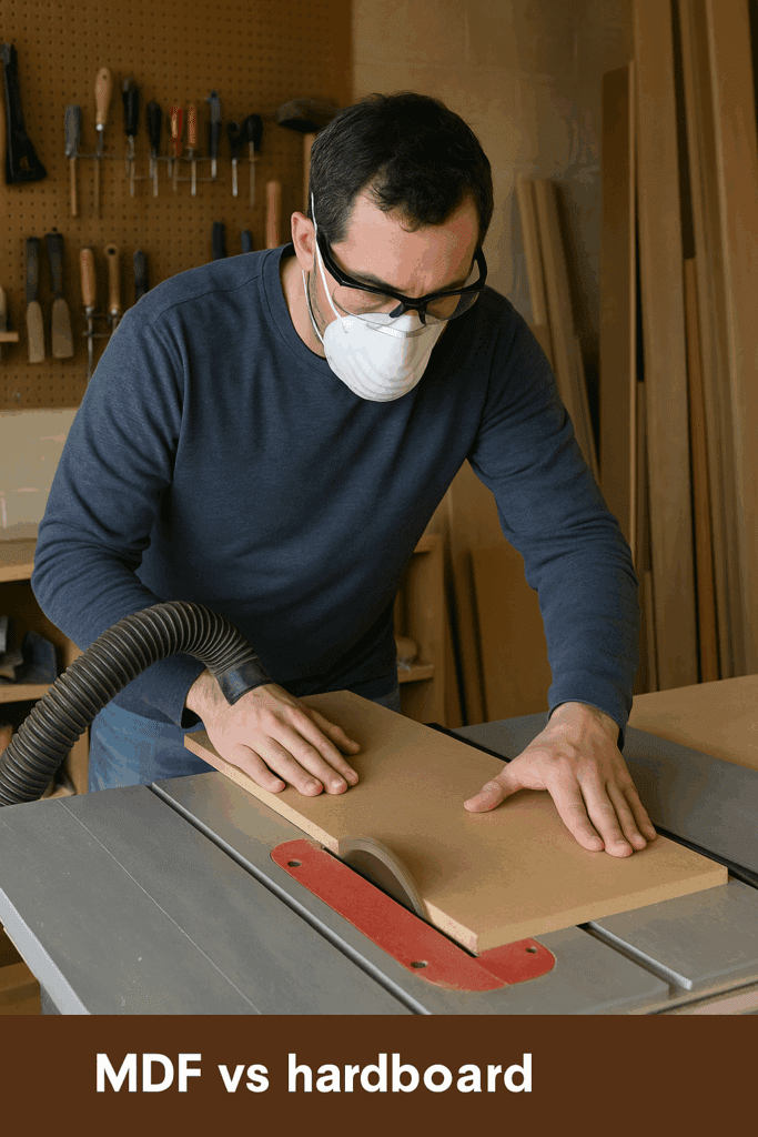 Woodworker cutting MDF with table saw, dust mask, and vacuum for dust control.