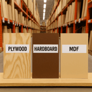 Plywood vs Hardboard vs MDF comparison sheets side by side in lumber aisle.