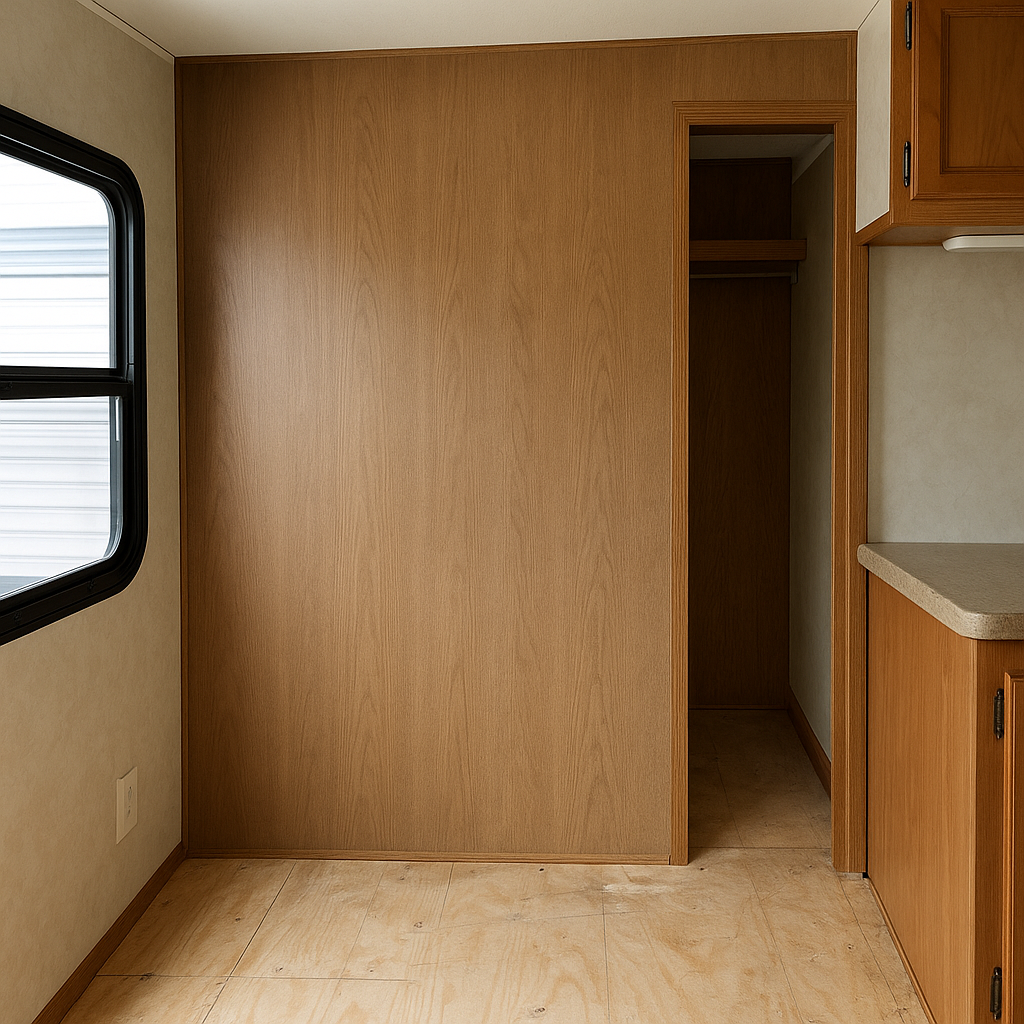 Clamping new RV wall panel in place with wide boards for even pressure