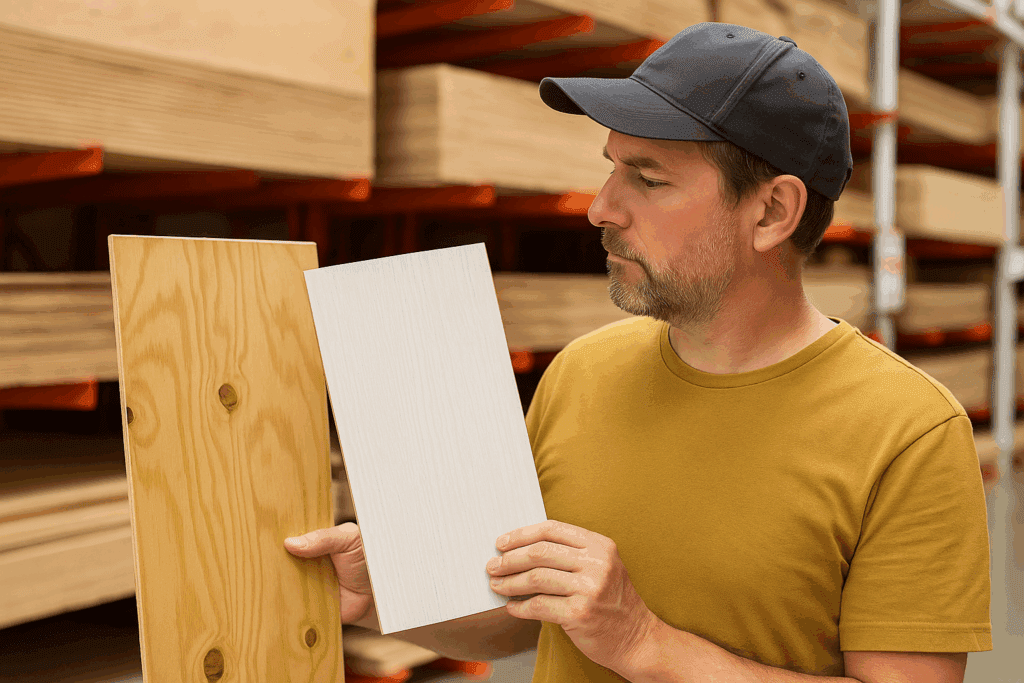 Comparing standard plywood with lightweight RV paneling sheet at store.