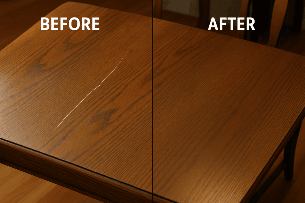 How to remove deep scratches from wood table surface before and after repair