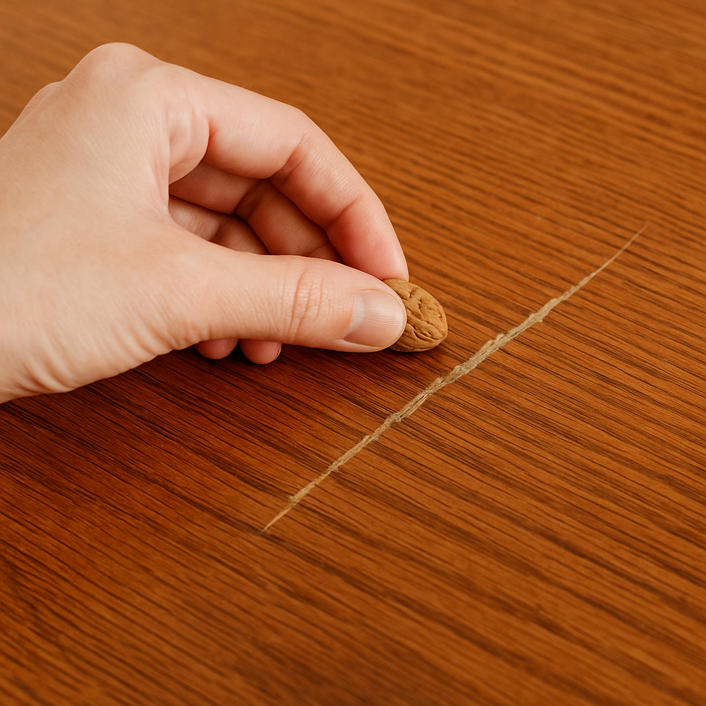Using a walnut to remove deep scratches from wood table naturally