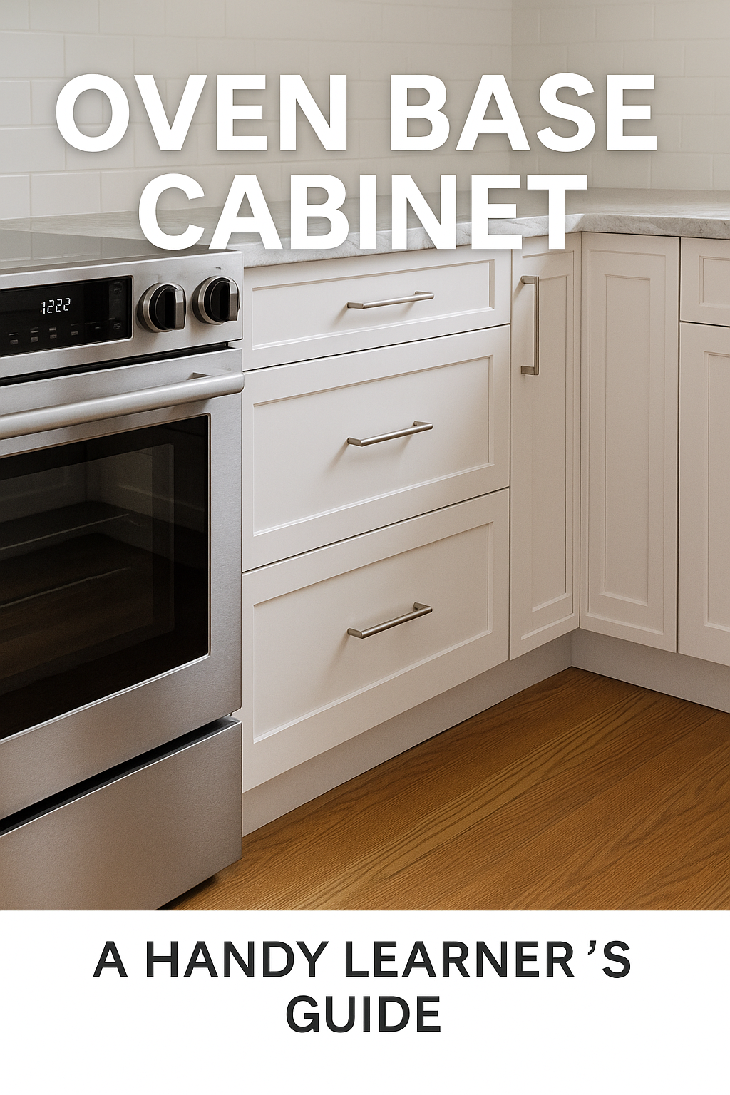 Modern kitchen with oven built into a white shaker-style oven base cabinet under granite countertop