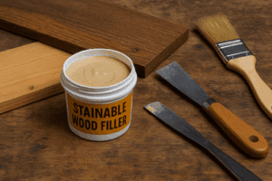 Stainable wood filler jar with putty knife, brush, and oak boards on a rustic workbench.