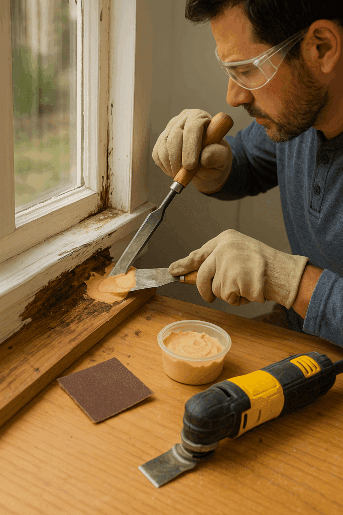 DIY homeowner repairing rotten wood window frame with chisel and epoxy filler