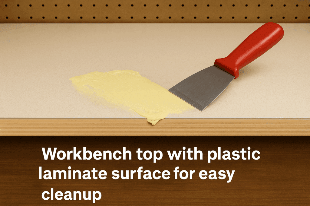 Workbench top with plastic laminate surface for easy cleanup.