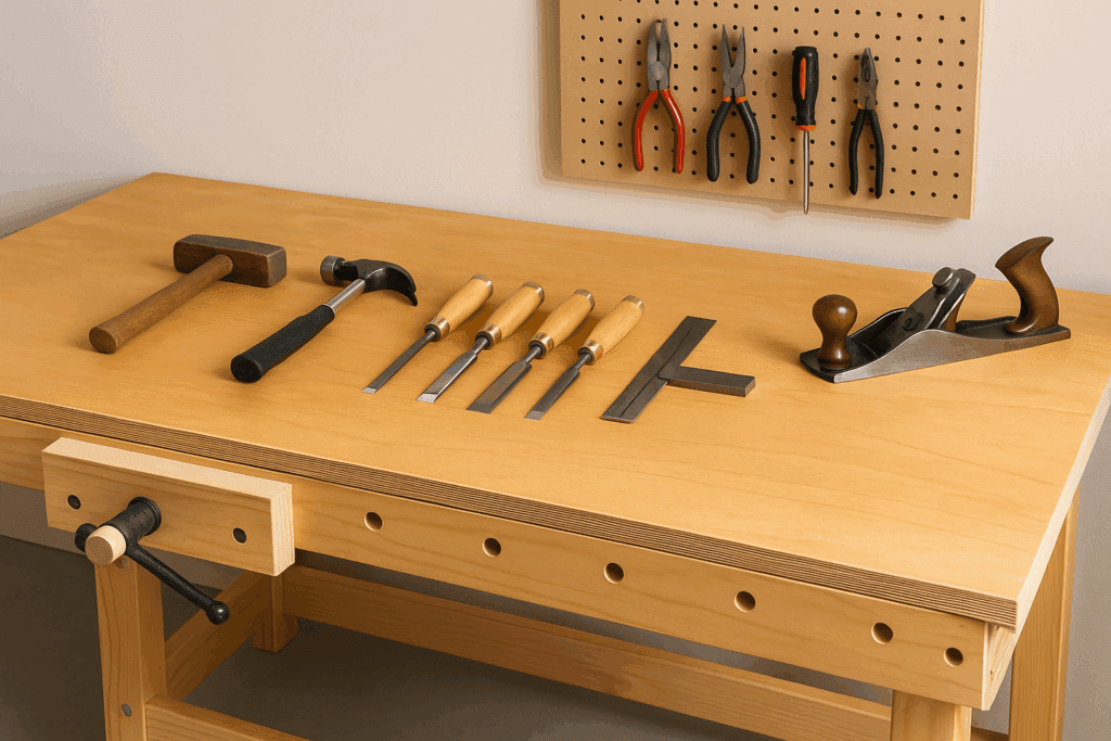 Woodworking workbench with sturdy plywood top and hand tools arranged neatly