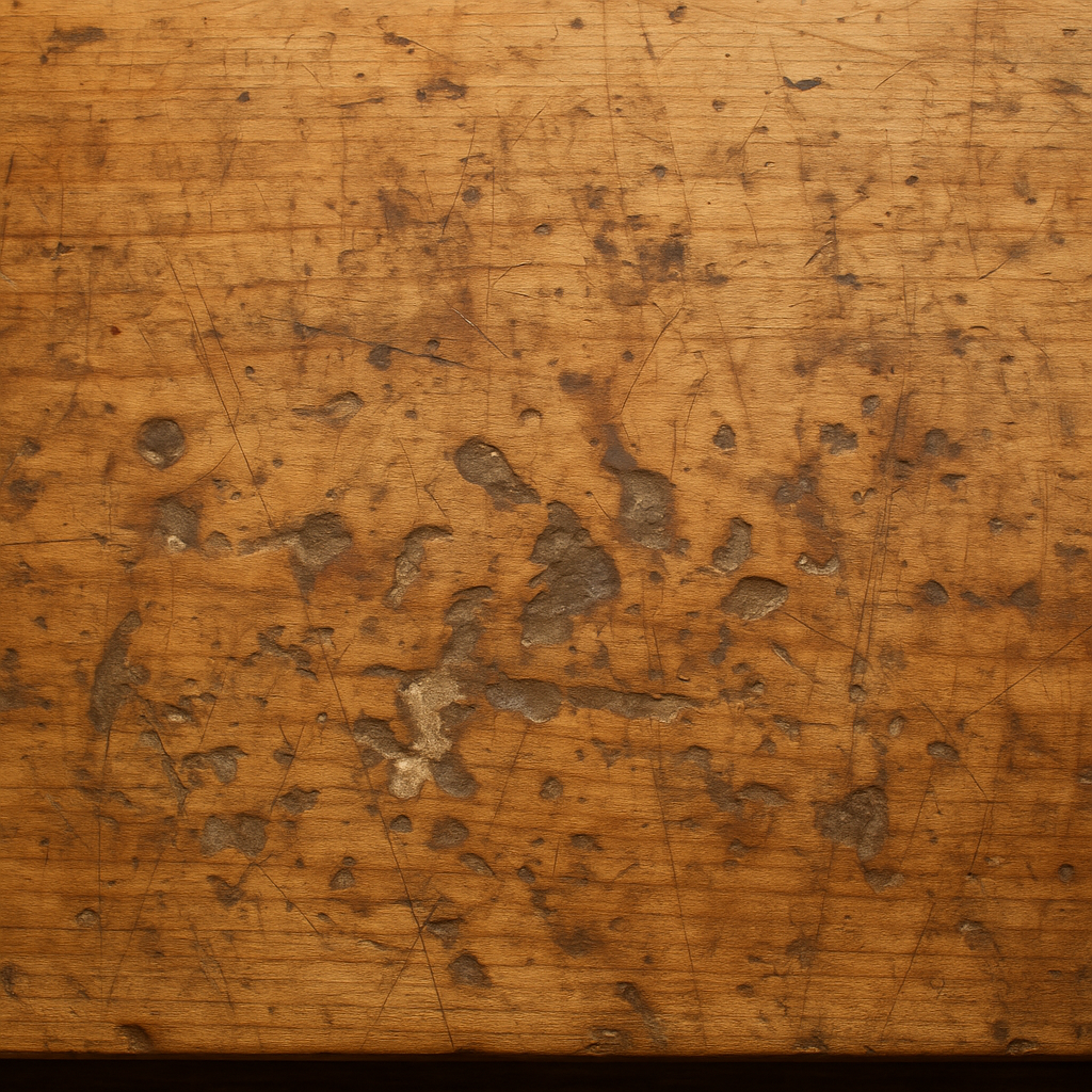 Close-up of a used workbench top showing scratches, glue stains, and dents from years of woodworking