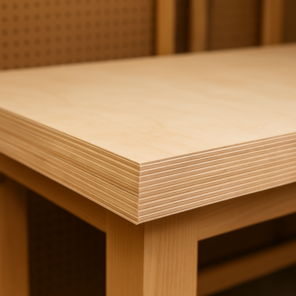 Workbench top made from layered birch plywood sheets for strength.