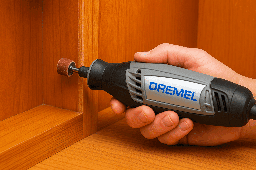 Using a Dremel tool to sand the inside corner of a wooden cabinet.